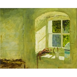 Michael Felmingham (British 1935-): 'Stable Window', oil on board signed, titled verso 29cm x 36cm
Provenance: purchased by the vendor from the Richard Hagen Gallery Broadway, label verso

