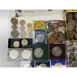 Great British and World coins including Queen Victoria 1887 and 1888 double florins, King George V 1929 halfcrown, King George VI 1951 Festival of Britain crown, commemorative crowns, Queen Elizabeth II 1953 nine coin set in blister pack, 1989 and 1995 two pound coins, various pre-decimal pennies and other coinage