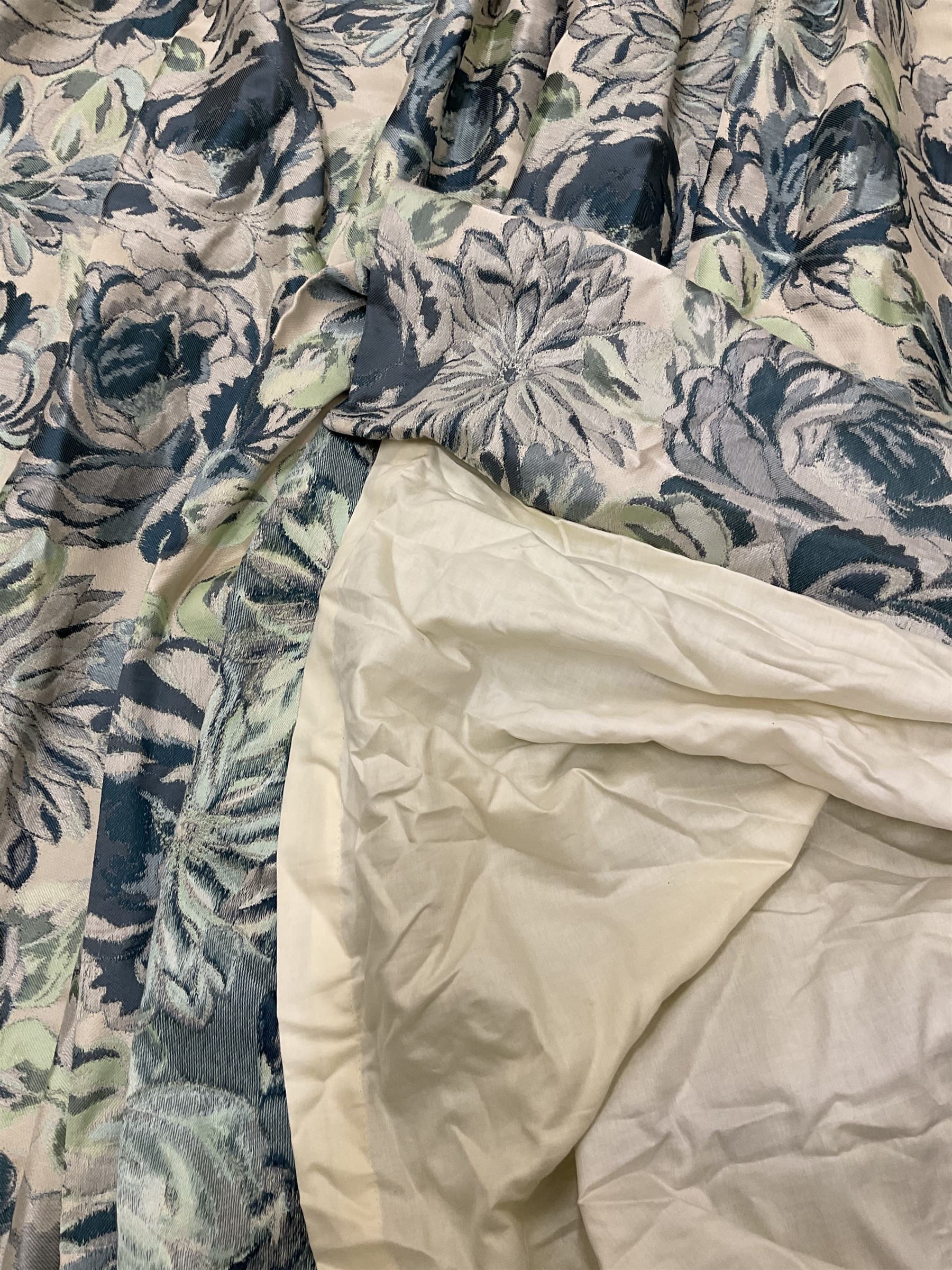 Marks & Spencer Home lined curtains in blue floral patterned fabric, pleated header, with tie