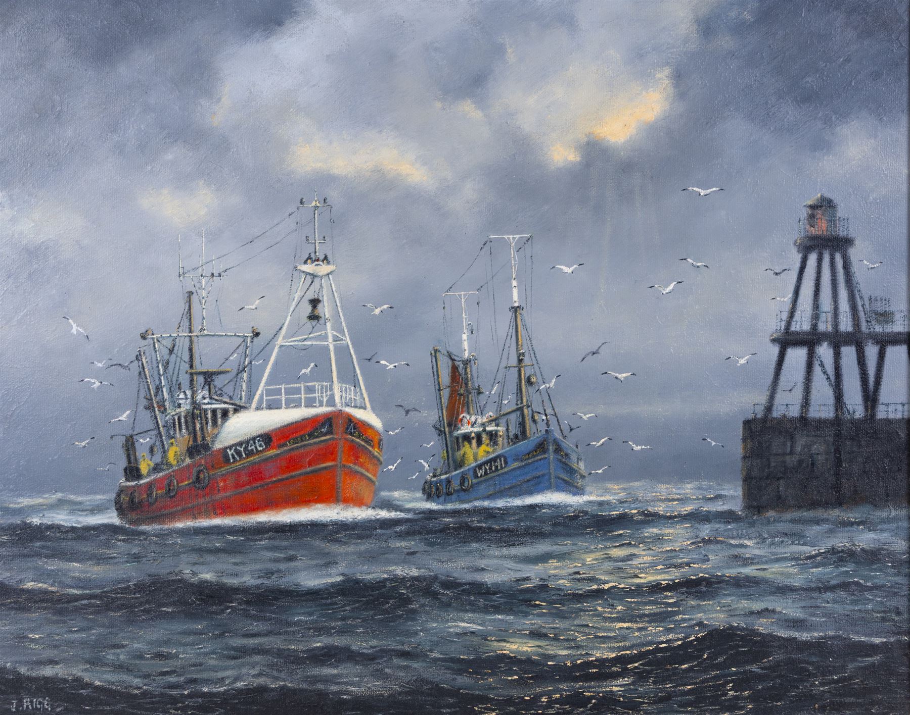Jack Rigg (British 1927-2023): Kirkcaldy and Whitby Trawlers Returning to Harbour, oil on canvas board signed, dated 1973 verso 60cm x 76cm