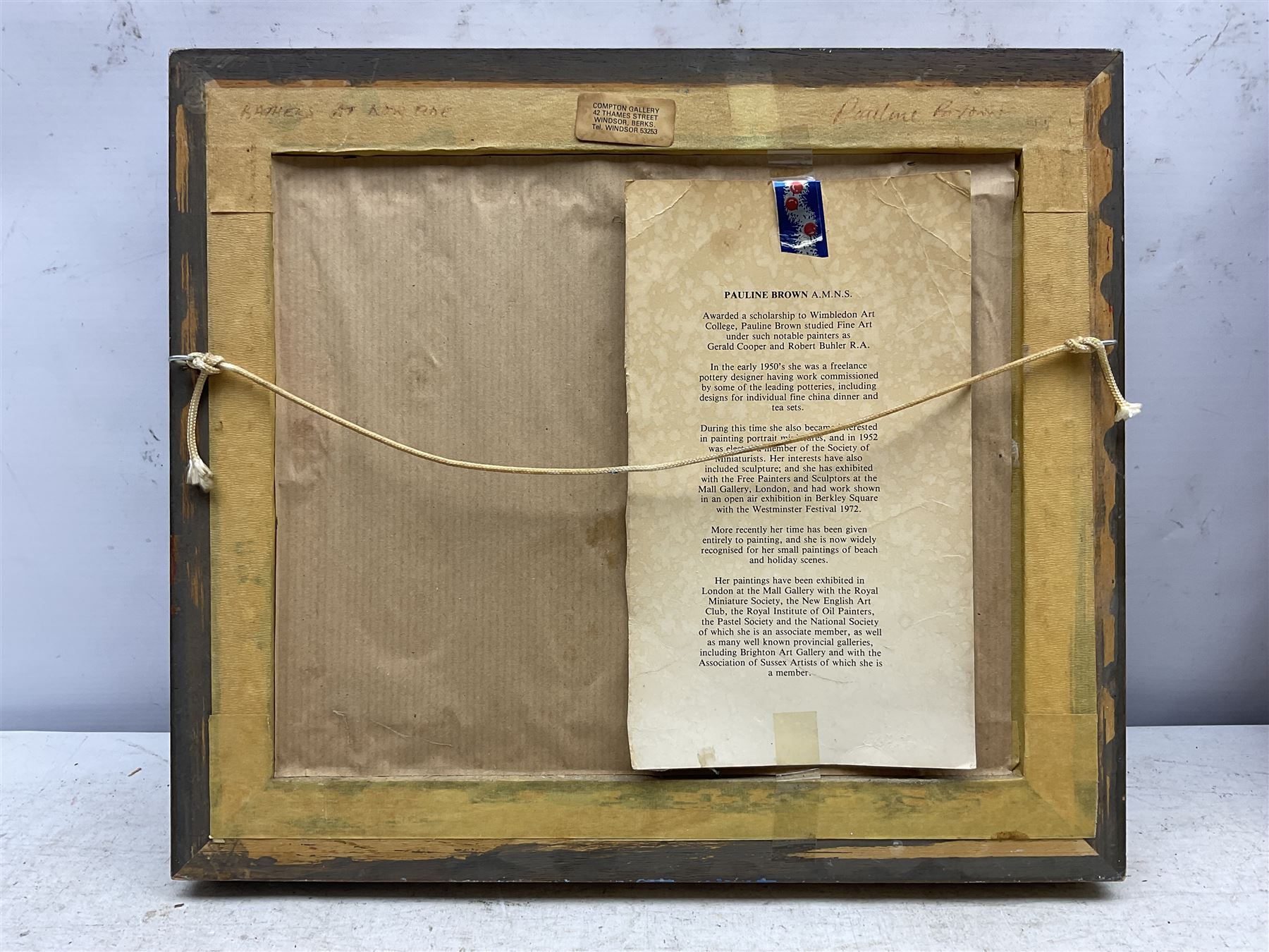 Pauline Brown (British 1926-): 'Bathers at Low Tide', oil on board signed, titled verso 24cm x 30cm