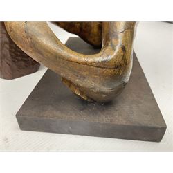 Helen Skelton (British 1933 – 2023): Four carved wooden abstract sculptures, each modelled as a figure with a adzed finish, largest H35cm. Born into an RAF family in 1933 in Kent and travelled the world extensively during her childhood. After settling in Bridlington, Helen immersed herself in painting, textiles, and wood sculpture, often inspired by nature's beauty. Her talent was showcased in a one-woman show at Sewerby Hall and recognised with the sculpture prize at Ferens Art Gallery in 2000. Sadly, Helen’s daughter passed away from cancer in 2005. This loss inspired Helen to donate her sculptures to Marie Curie upon her passing in 2023.