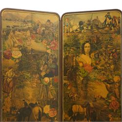 Victorian mahogany framed decoupage four-fold screen, the panels decorated with pastoral landscapes and figural scenes, within rounded moulded frames, fitted with brass mounts and amber glass handles