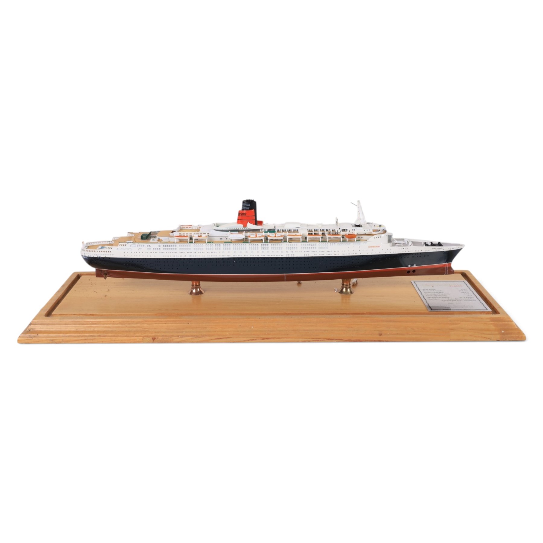Maritime Replicas 1:771 scale model of Cunard Queen Elizabeth 2, in perspex display case, together with a larger scale model of cruise liner MV Discovery, largest H76cm, W27cm