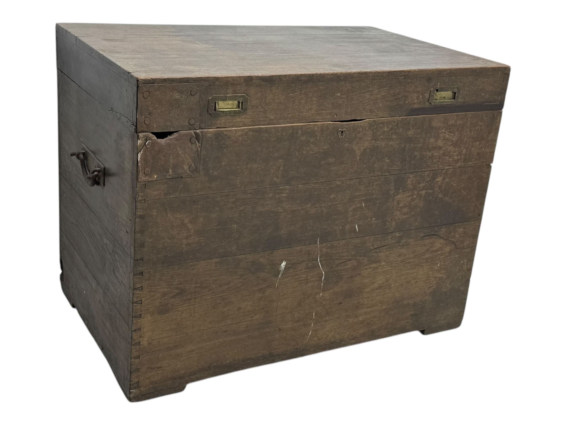 Early 20th century oak blanket chest, of rectangular form with iron strap hinges and surface-mounted drop handles, the interior fitted with iron lid stays, on bracket feet