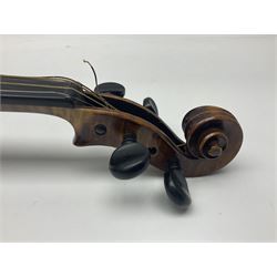 German trade violin c1900 with 35.5cm two-piece maple back and spruce top; bears label 'Made in Germany Apollo Class 6 No.2132' L59cm; in carrying case with two bows