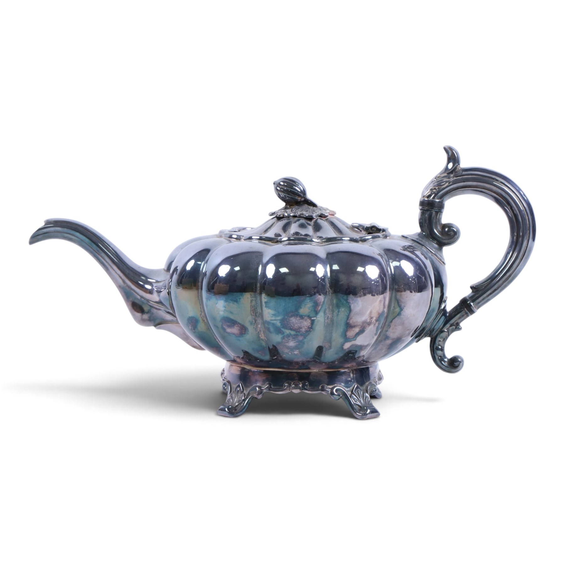 Early 20th century silver plated four piece melon-shaped tea service by James Dixon & Son Sheffield, comprising teapot, hot water jug, milk jug and open sucrier, together with a silver plated twin handled tray with engraved floral decoration