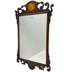 Georgian design mahogany fretwork wall mirror, decorated with inlaid fan motif to pediment, bevelled mirror plate