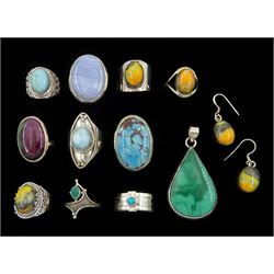 Ten silver stone set rings including turquoise, lace blue agate, larimar and jasper, silver malachite pendant and a pair of silver jasper pendant earrings