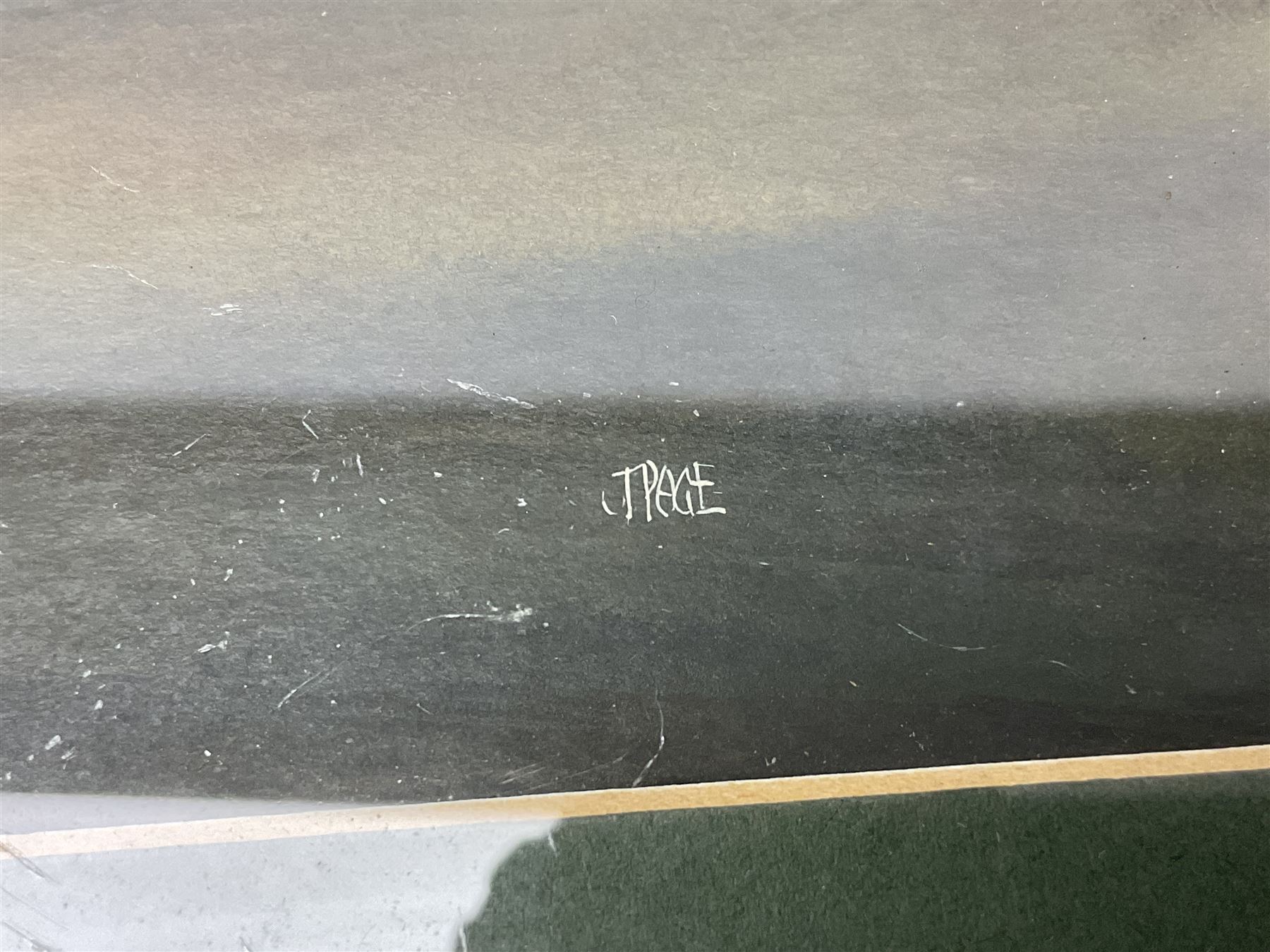 T. Page (early 20th century) - RFC bi-plane in flight over an airfield, bears labels verso 'BE2.B. Dennes Lane R.F.C. Lydd Flying School Oct.1916' and 'Lt. Gerrard R.F.C Lydd 1917 Evening Anti Zeppelin Training Flt. B. Dennes Lane Circum & Bumps', signed watercolour 20.5 x 22.5cm, later mahogany stained frame