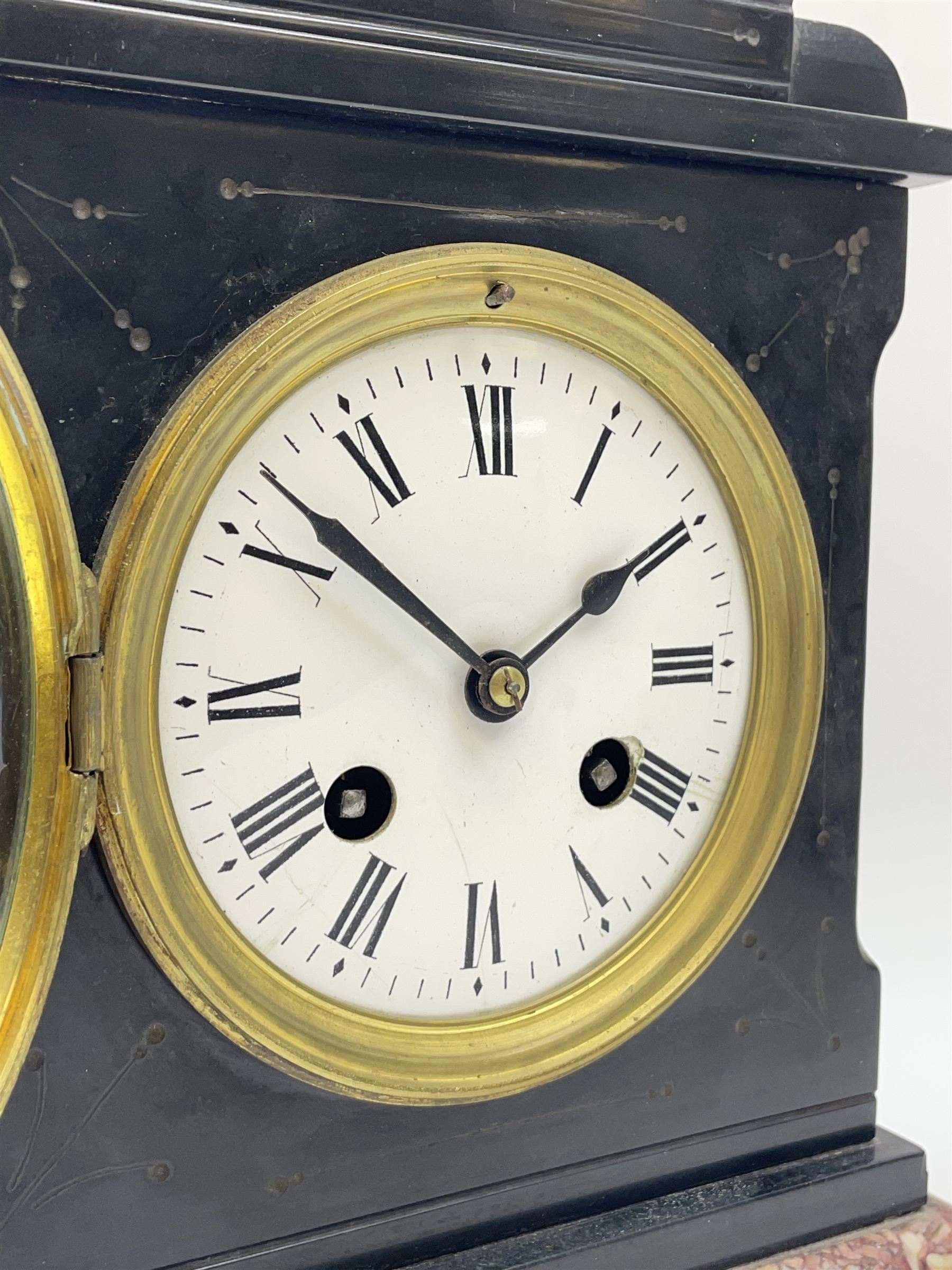 Small Victorian black slate and variegated marble mantel clock, the case with engraved decoration, circular enamel Roman dial, eight day movement by 'Japy Freres' striking the hours and half on bell