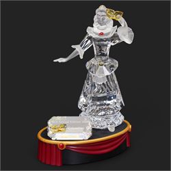 Swarovski crystal 'Masquerade' trilogy; 1999 Masquerade Pierrot, 2000 Columbine, 2001 Harlequin all with accompanying plaque, stand and original box