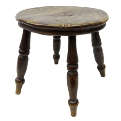  19th century elm Milking Stool, turned circular top on four outsplayed legs, H30cm, W39cm (2)  