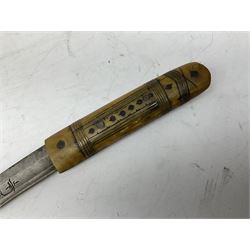 Near pair of African Moroccan Berber tribal Shula daggers each with engraved 39cm curving fullered steel blade, carved and inlaid horn grip and leather covered scabbard L57cm overall; kindjal style dagger with brass covered and jewelled grip and scabbard; another Eastern dagger with leather covered grip and scabbard; and a large Eastern knife with animal hide scabbard (5)