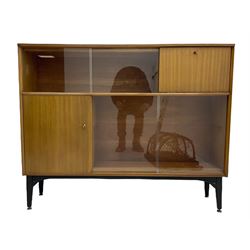 1970s teak sideboard, fitted with sliding glass doors, fall front compartment and cupboard
