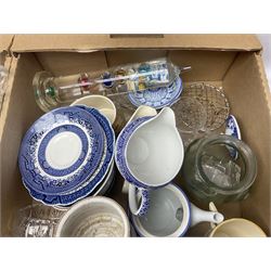 Denby coffee pot, Poole Pottery part tea service, Booths blue and white teacups, coloured drinking glasses,  and a collection of other ceramics and glassware etc, in six boxes