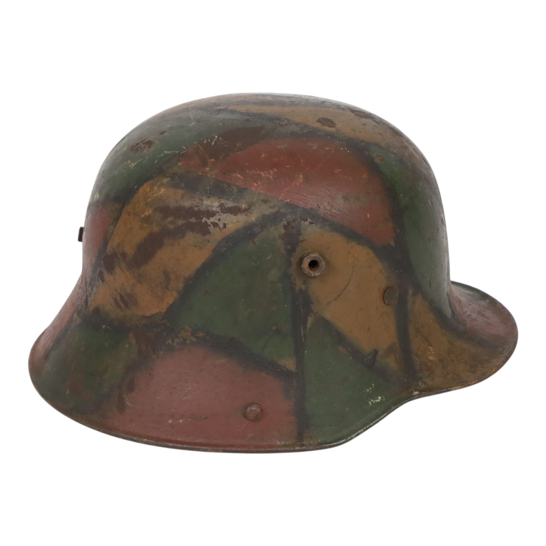 WWI German camouflage M16 helmet, with camouflage painted finish to the skull in green, brown and ochre colours with black separation lines
