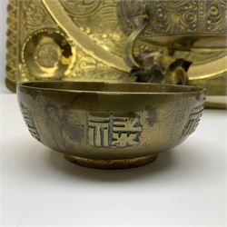 Brass incense burner/potpourri, on tri-form elephant stand, together with a brass buddha, large brass charge and bowl, charger H67cm