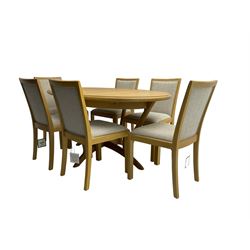 Contemporary light oak oval extending dining table, shaped X-frame base (W160cm D102cm); and set of six light oak dining chairs, back and seat upholstered in textured pebble cream fabric (W50cm H90cm)