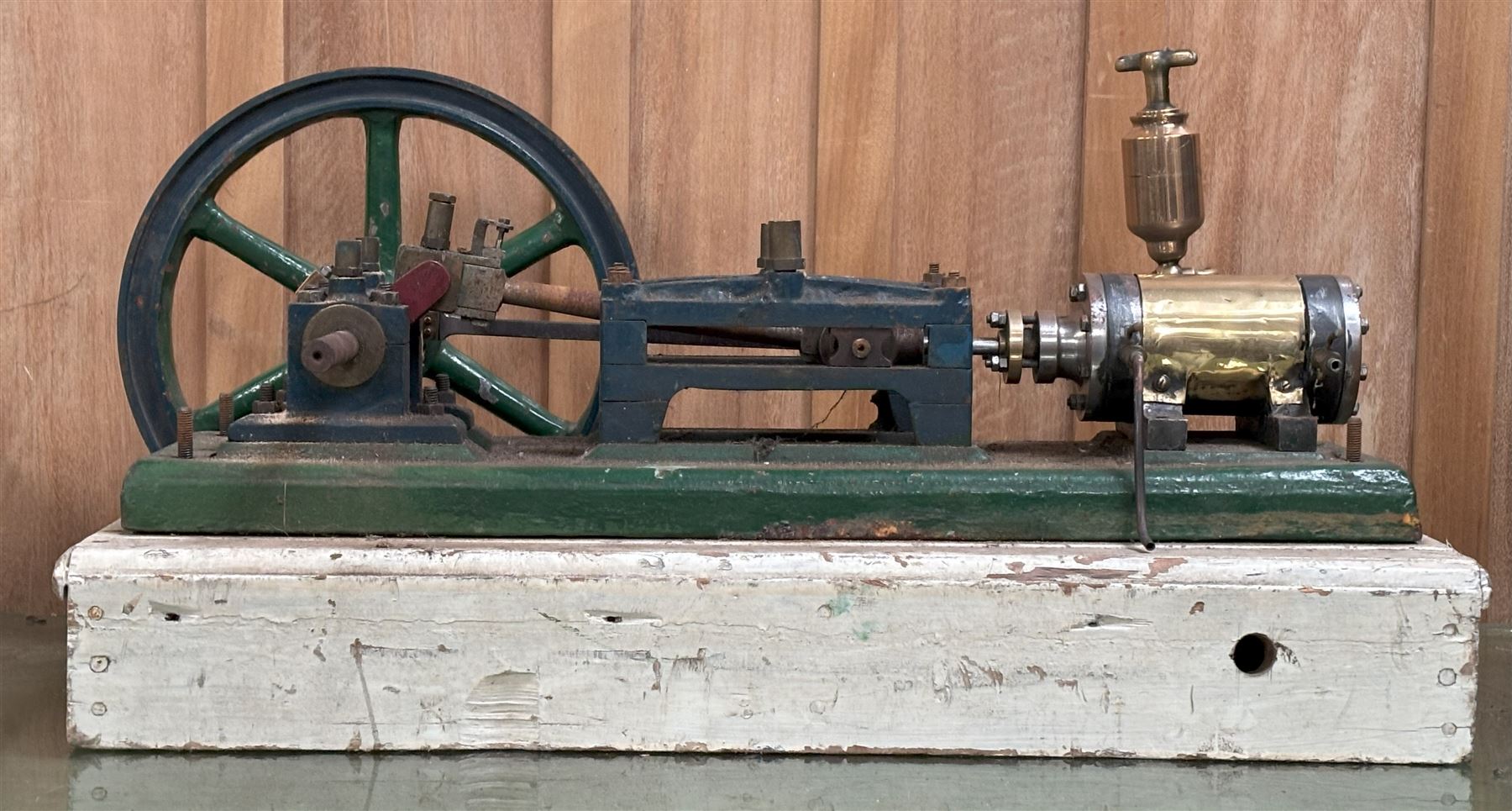 Victorian small full sized steam workshop engine, fly wheel diameter 30cm, overall length 72cm. Turns over freely, some bolts missing.  - COLLECTION BY APPOINTMENT FROM: The White House, Thirsk Road, Easingwold, York, YO61 3NF - CALL 01723 507111 TO ARRANGE