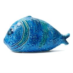 Mid-century Aldo Londi for Bitossi blue pottery fish, stamped Bitossi to the interior, W18cm 