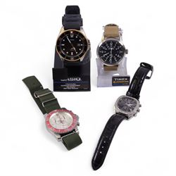 Four quartz wristwatches including Swiss Army chronograph, Timex Expedition, Casio and Alfa Romeo