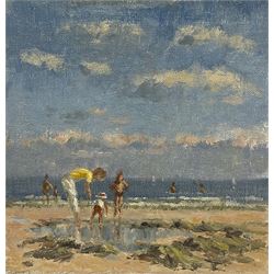 William Burns (British 1923-2010): 'Rockpooling' Scarborough, oil on canvas laid on to board unsigned, titled verso 16cm x 15.5cm 
Provenance: direct from family of artist. Born in Sheffield in 1923, William Burns RIBA FSAI FRSA studied at the Sheffield College of Art, before the outbreak of the Second World War during which he helped illustrate the official War Diaries for the North Africa Campaign, and was elected a member of the Armed Forces Art Society. On his return to England, he studied architecture at Sheffield University and later ran his own successful practice, being a member of the Royal Institute of British Architects. However, painting had always been his self-confessed 'first love', and in the 1970s he gave up architecture to become a full-time artist, having his first one-man exhibition in 1979.