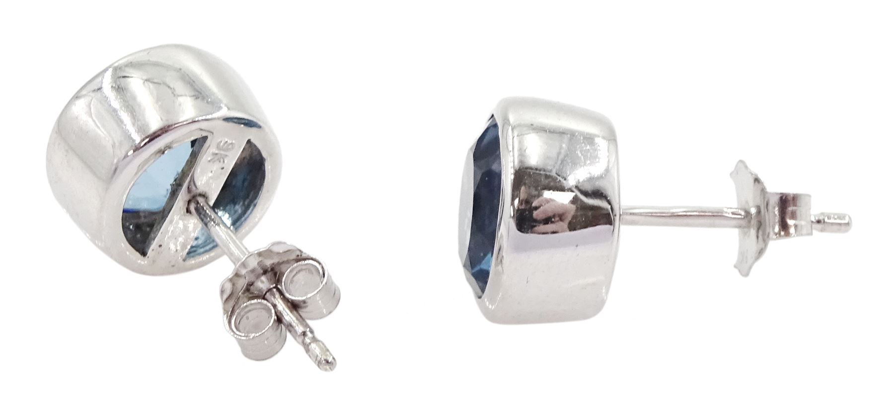 Pair of 9ct white gold round London blue topaz stud earrings, hallmarked, total topaz weight approx 3.10 carat