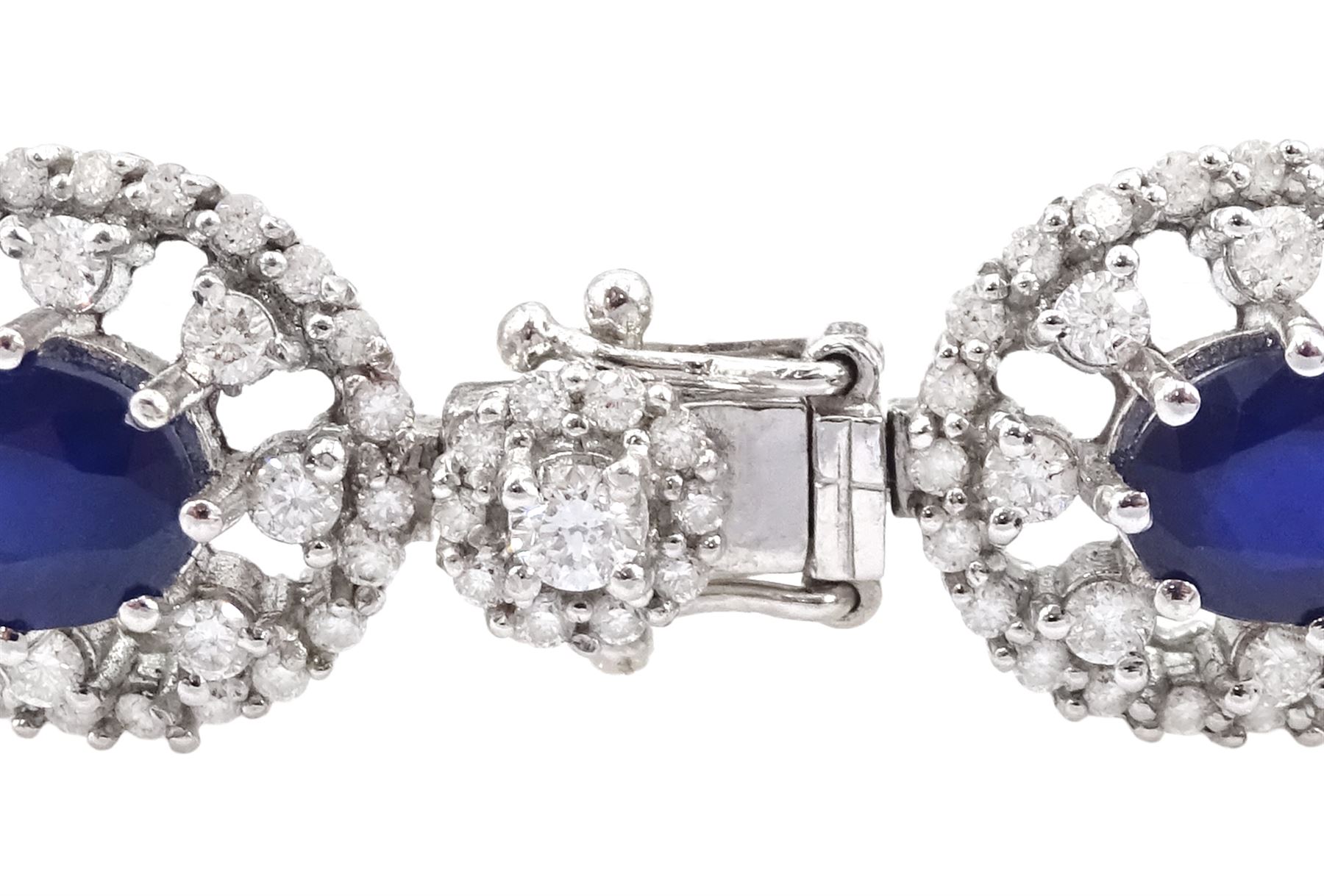 18ct white gold oval cut sapphire and round brilliant cut diamond bracelet, stamped 750, total sapphire weight approx 8.00 carat, total diamond weight approx 3.65 carat