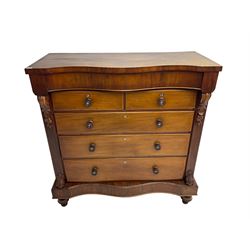 Victorian mahogany Scotch chest, fitted with two short and three long drawers, with secret frieze drawer, on turned feet