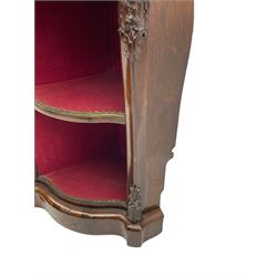 19th century rosewood buffet credenza, bombe form with shaped and moulded top, two central glazed doors with foliate moulded gilt slips, the red fabric-lined interior fitted with a single shelf, flanked by open shelves with raised gilt metal lips, the uprights decorated with shell and flower head carved cartouche mounts, acanthus leaf scroll carved lower mounts, on shaped and moulded plinth base 