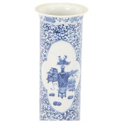 Chinese blue and white cylinder vase, the central panel decorated with vases and domestic objects, with a scrolling floral design, with character marks beneath, H30cm
