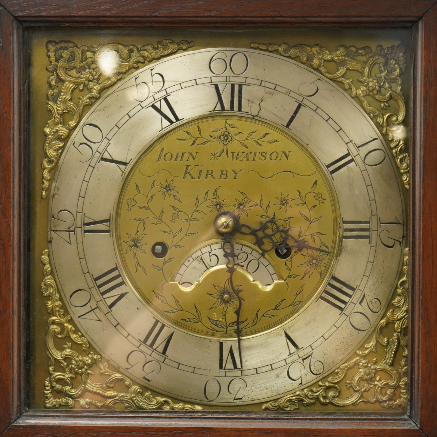 18th century oak longcase clock, brass and silvered dial by John Watson Kirby