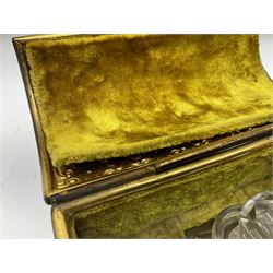 19th century brass repoussé perfume box, the ornately decorated casket with hinged domed cover lifting to reveal gold velvet lined interior containing three glass scent bottles, H14cm W15cm D7cm
