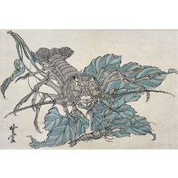 Kawanabe Kyosai (Japanese 1831-1889): 'Lobster and Shrimp', woodblock print signed in the plate 17cm x 25cm