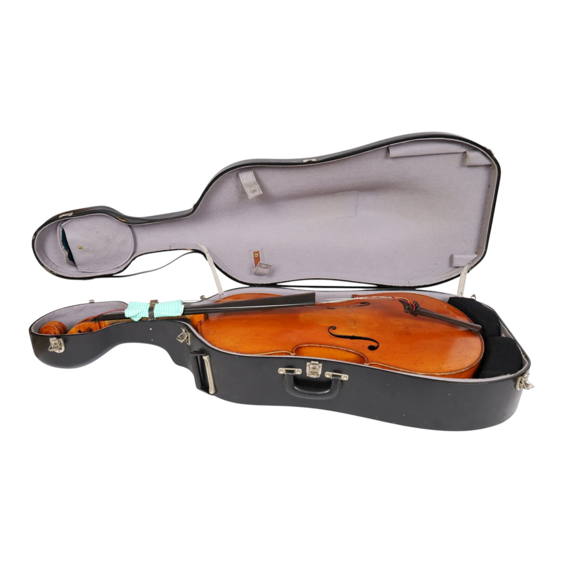 19th century cello, with two piece back and ebonised finger board, contained within a hardcase, cello back length 75cm