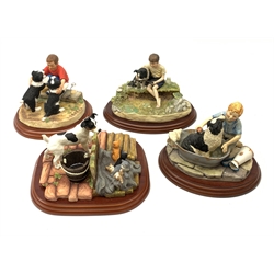 Four Border Fine Arts figure groups, comprising of Jack Russell Terrier & Kittens A1439 with box, Gone Fishing B0520 with box, Young Friends A1452 with box, Bath Time B0086, all with wooden bases. 
