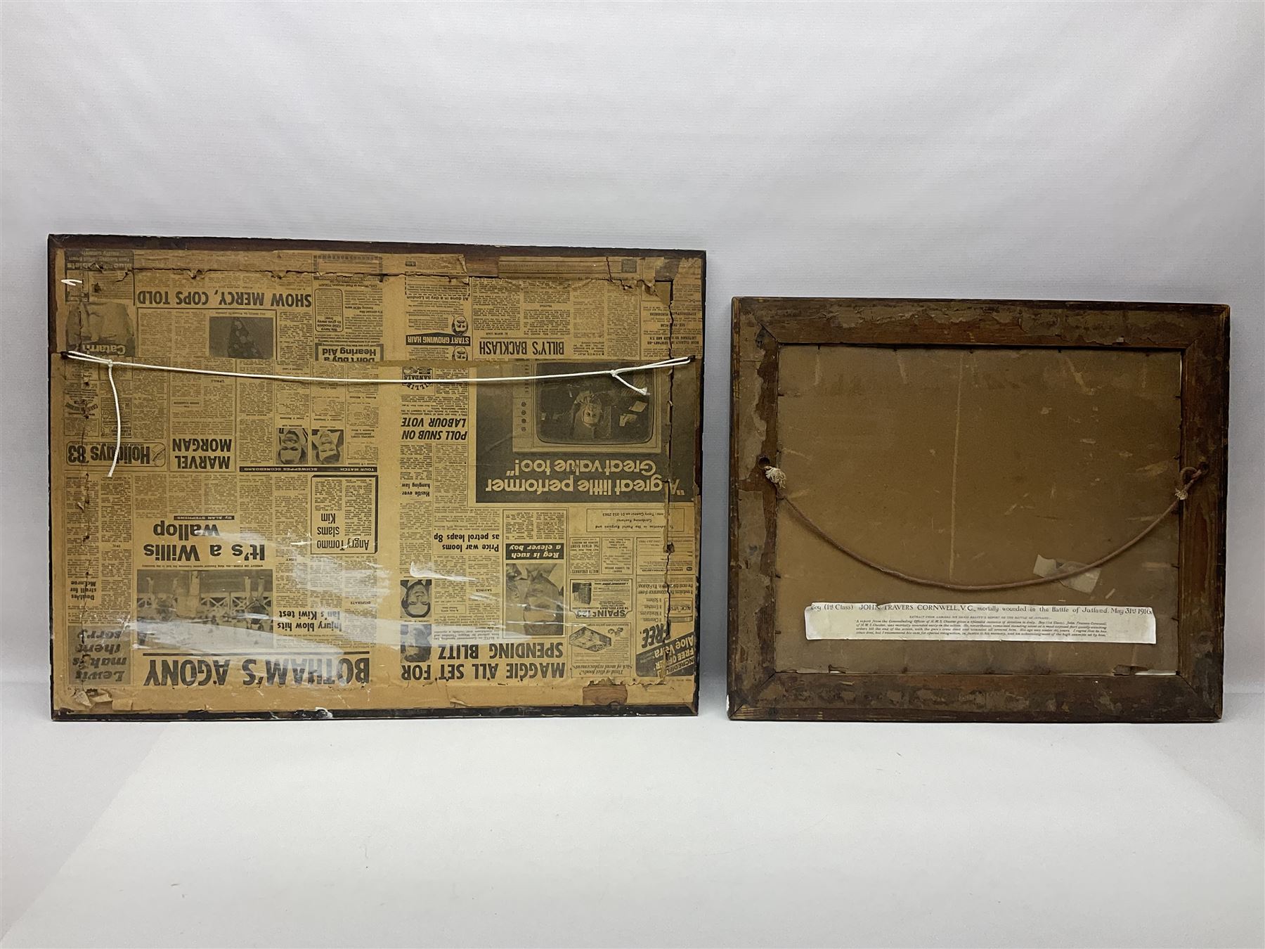 WW1 photogravure print depicting the VC action of Boy (1st Class) John Travers Cornwell mortally wounded in the Battle of Jutland May 31st 1916 34 x 41cm, walnut frame; and WW1 colour print entitled 'England's 1914-1919 Call' in simulated rosewood frame (2)