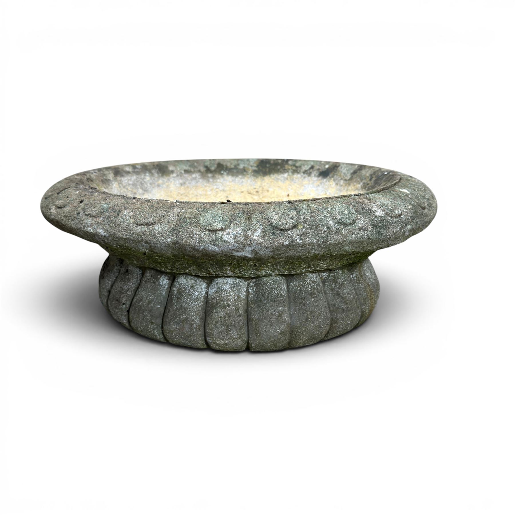 Collection of cast stone garden ornaments - three figure bird baths, figure on plinth, seated lion, lion, boy figure, and stone trough (9)
