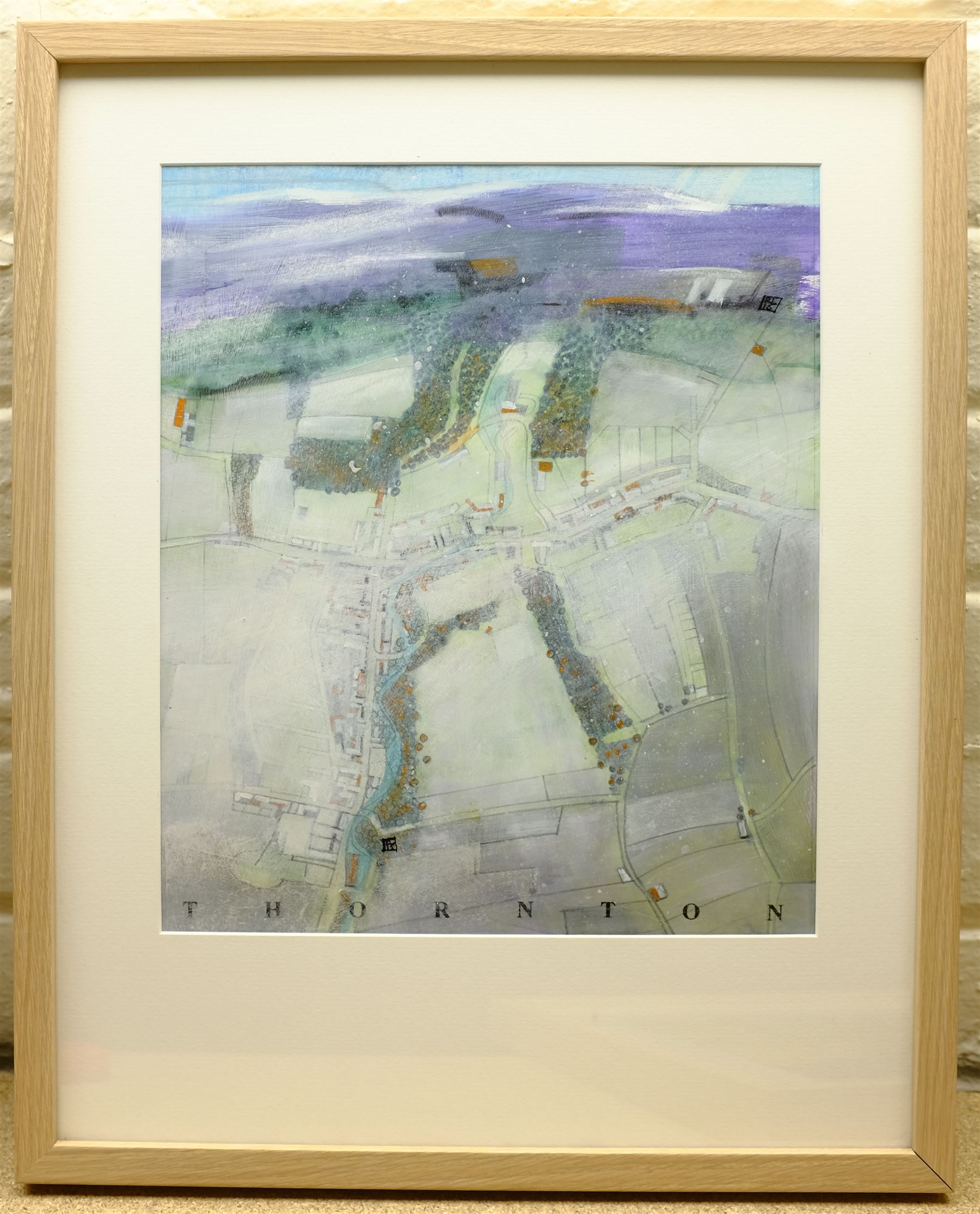 Russell Lumb (British 1946-): 'Thornton', mixed media semi-abstract map titled, signed with monogram and dated '15, artist's address label verso 34cm x 29cm
