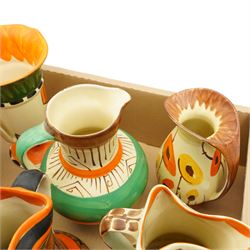 Collection of seven Art Deco Myott Son & Co vases, including chicken neck shaped vase, conical vase etc, each with hand painted landscape scenes, printed marks to base 