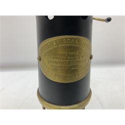 Vale type brass and matte black miners lamp, with brass plaque to front detailed 'British Coal Mining Company, Wales UK', H21.5cm excl handle