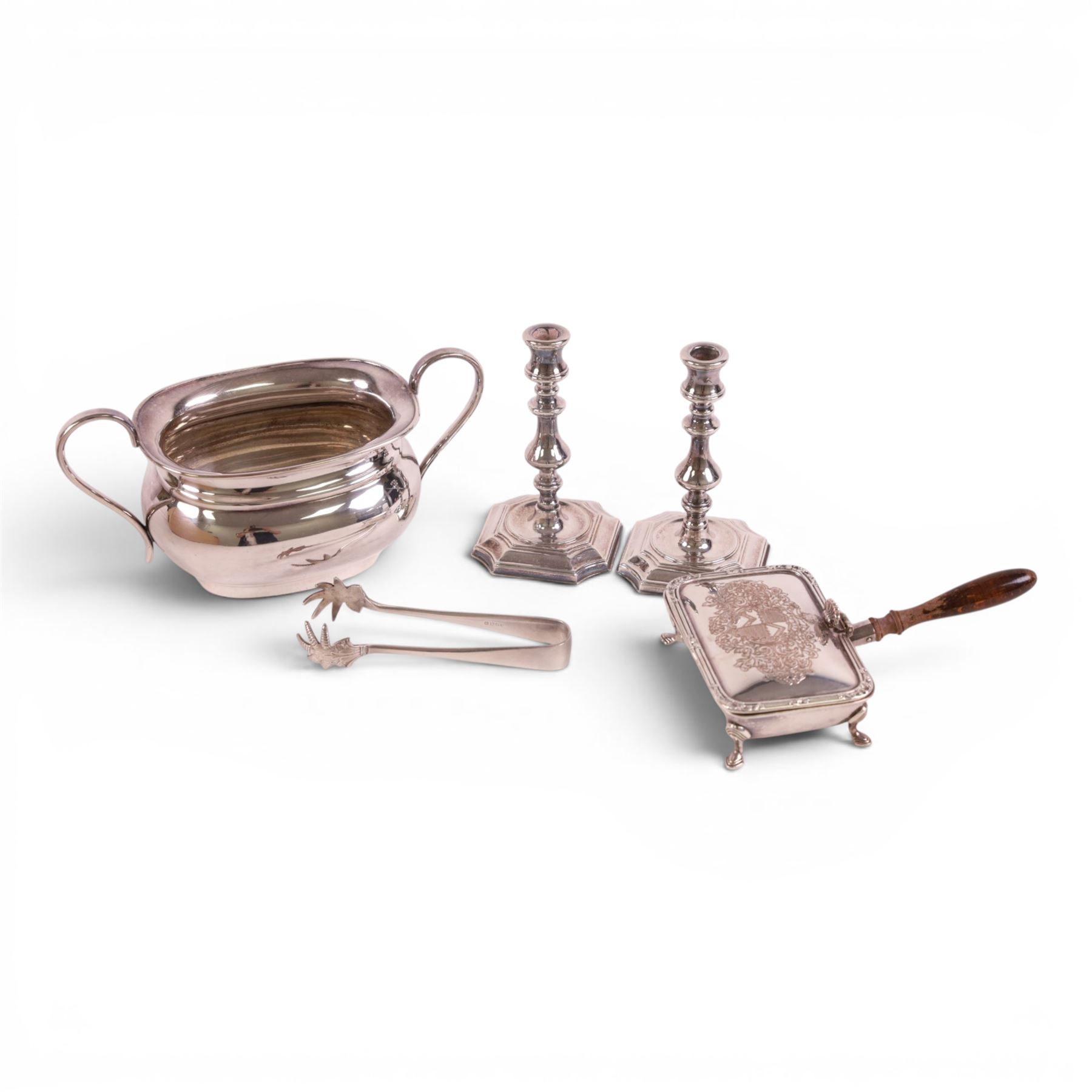 Four piece silver plated tea service, comprising teapot, hot water jug, milk jug and open sucrier, together with serving tray, toasted cheese dish, sugar tongs and pair of candle sticks 