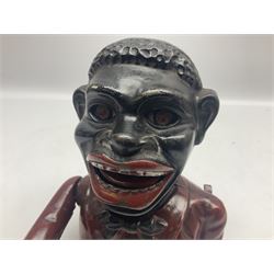 Three early 20th century cast-iron mechanical money banks as a family group comprising mother 'Dinah' patented 1911, father 'Jolly Man' patented 1902 and son 'Little Joe' patented 1910 by John Harper & Co; all with the same hand-to-mouth action; parents H16cm (3)