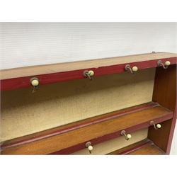 Miniature pitch pine Welsh dresser with open plate rack over two cupboard doors, displayed with Ridgways Humphrey's Clock pattern and other doll's blue/white tea ware, copper kettles and pan etc W41cm H72cm