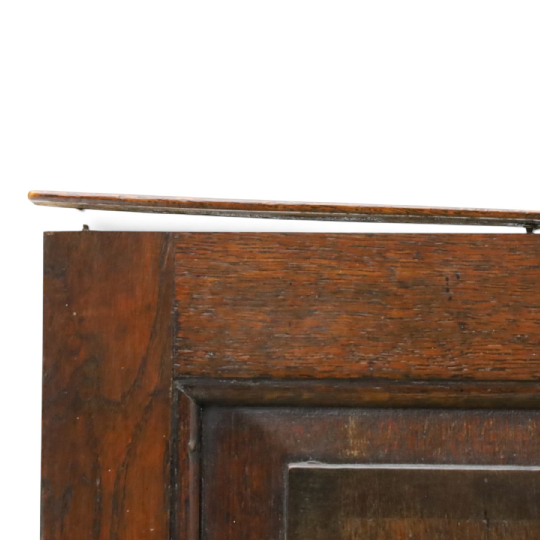 17th century design oak four panelled hall bench, fielded back panels flanked by swept arms on turned supports, raised on six supports united by a stretcher