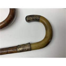 Early 20th century curved horn handle walking stick with hallmarked silver mounts, engraved L Russell 1918, together with a shooting stick by William Mills Birmingham, with leather handle, 'The Featherwaite' shooting stick and an umbrella with wooden handle