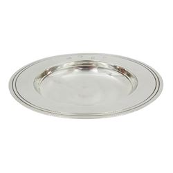 Modern silver armada dish, or circular form with reeded edge, hallmarked London 1967, makers mark RR, D14.5cm, approximate weight 5.14 ozt (160 grams)
