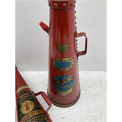 Kingsford fire extinguisher of riveted conical form, dated 1965, with painted and printed decoration, together with two Minimax conical examples dated 1966 and 1954 with gilt decoration, H approx 70cm