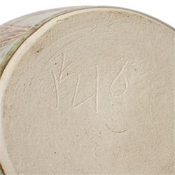John Egerton (c1945-2024): Stoneware planter, decorated with carved flower motif, mottled blue background and scalloped rim, marked beneath, H18cm
